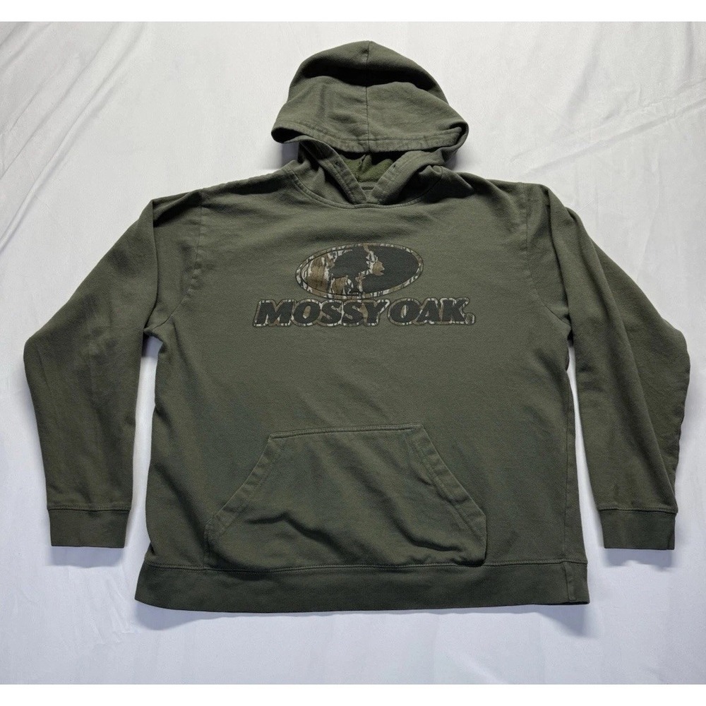 Mossy Oak Hoodie Sweatshirt Mens SM relaxed Green Camo logo Pullover outdoors